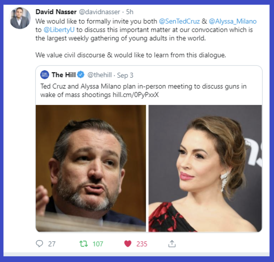 Liberty University invites Senator Ted Cruz and Alyssa Milano to