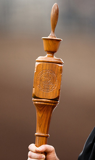 One of the four faces of the Liberty University mace showing the university seal.