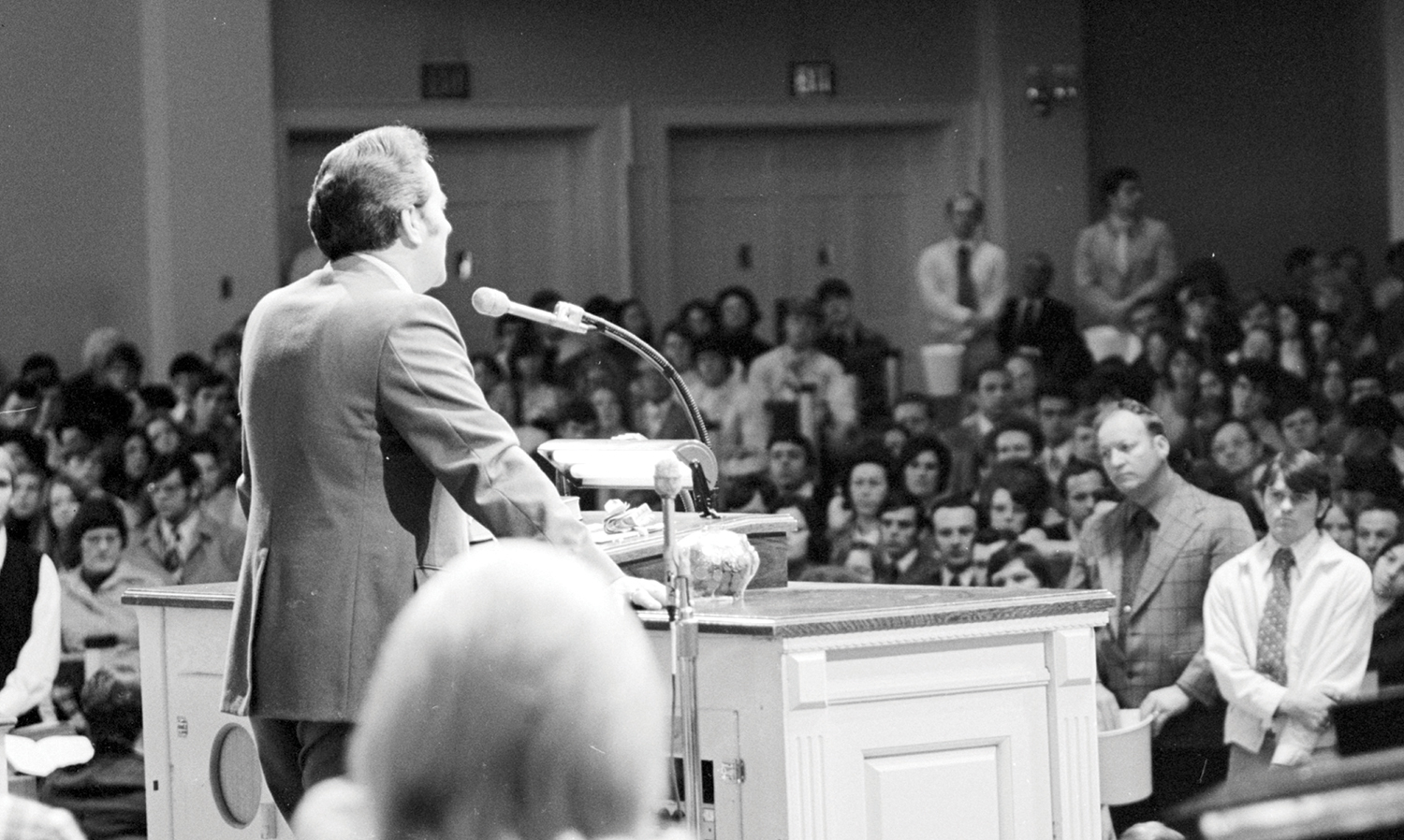 The Rev. Jerry Falwell, Liberty's founder, speaks to a crowd at Thomas Road Baptist Church in 1975.