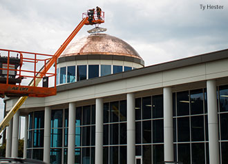 An outside view of the LaHaye Student Union dome covering the climbing wall.